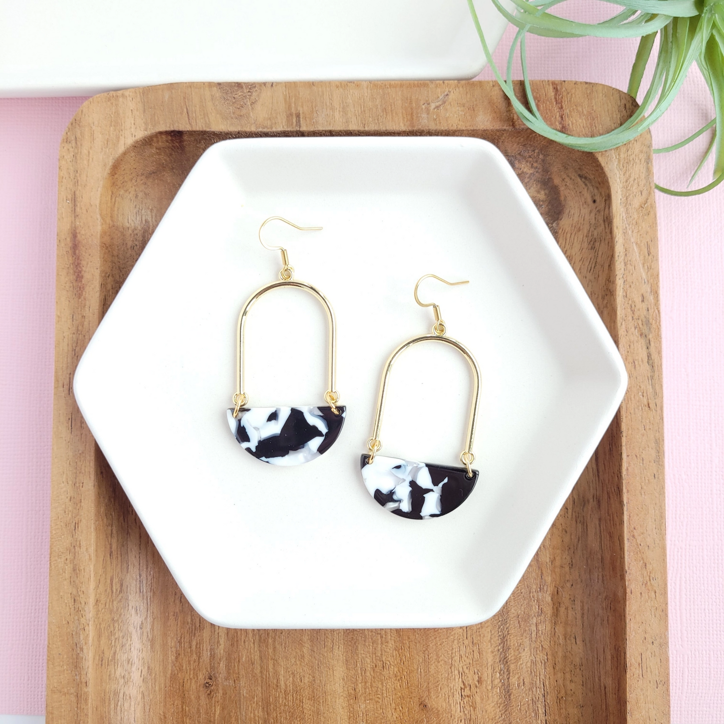 Stella Earrings - Black & White / Gold Arch Dangle Earring Wire Earrings