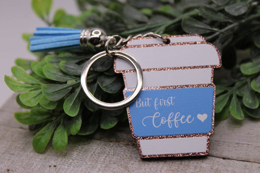 But First Coffee Cup with Blue Tassel Key Chain