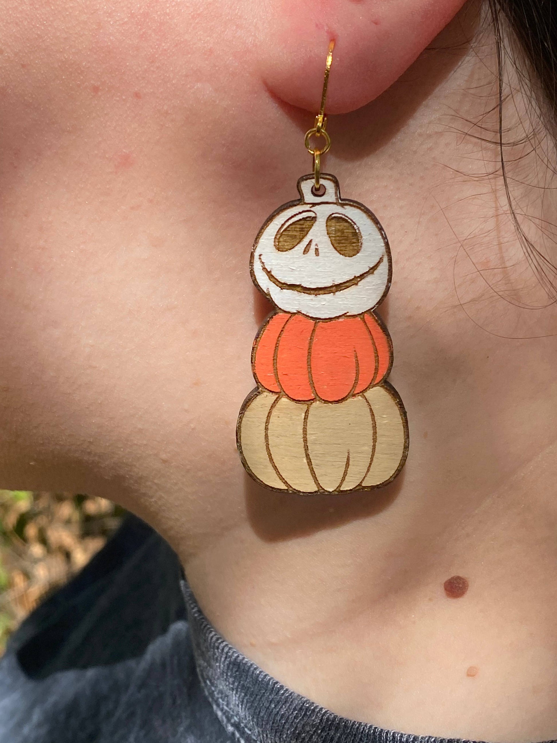 Moon Child Trinkets - Jack Skellington Stacked Pumpkin Wood Dangle EarringsMoon Child Trinkets
