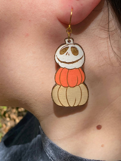 Moon Child Trinkets - Jack Skellington Stacked Pumpkin Wood Dangle EarringsMoon Child Trinkets