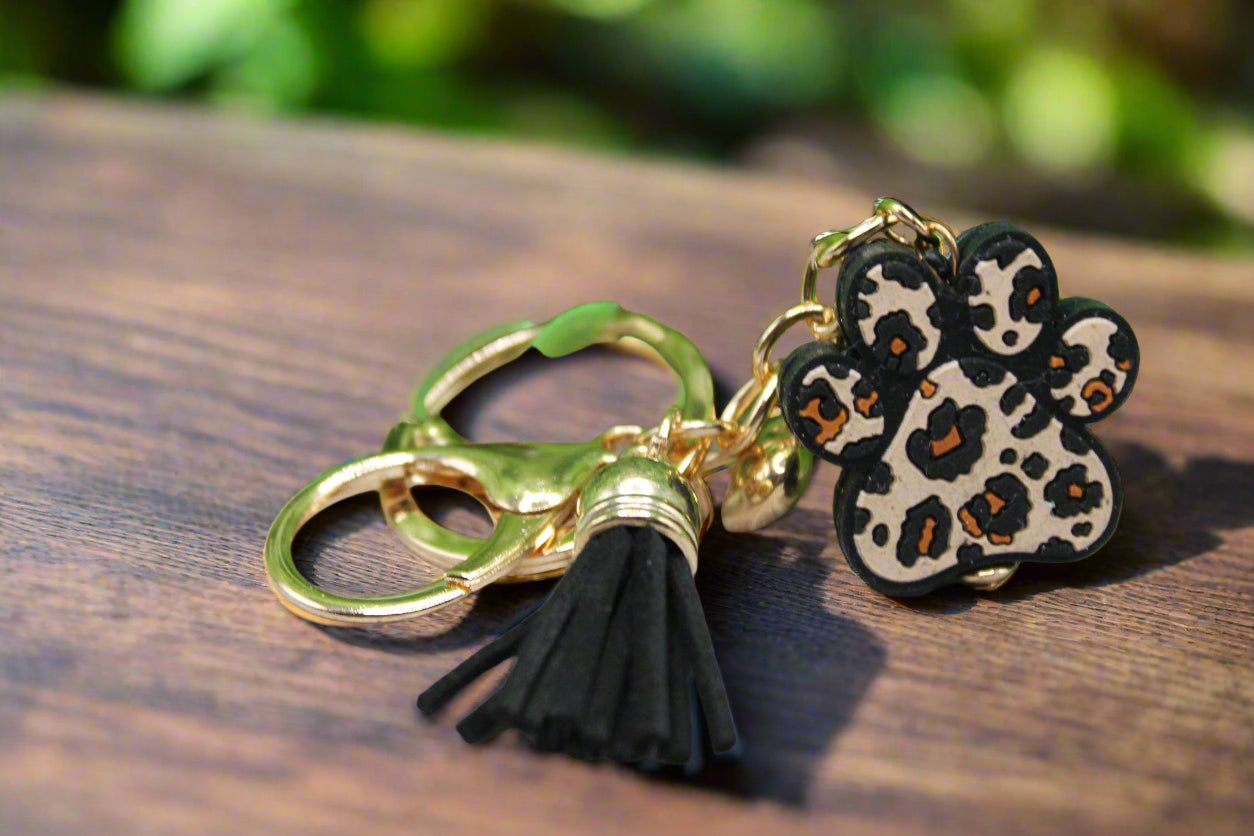Brown Leopard Paw Print   Keychain with Tassel & Gold Heart