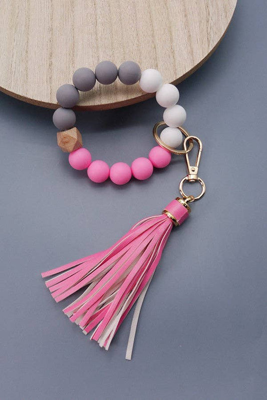 Pink, white & Grey Beaded Wristlet keychain with Tassel