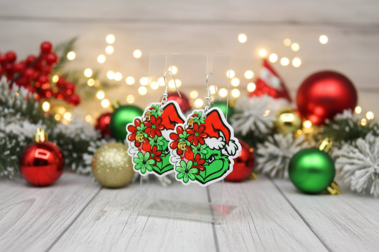 Floral Santa Hat Grinch Earrings – Festive Acrylic Dangles