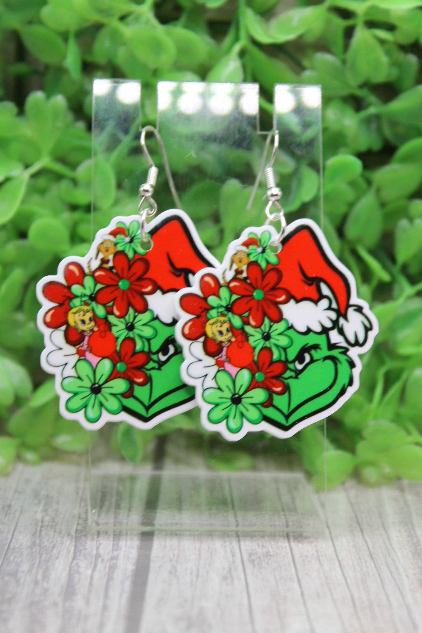 Floral Santa Hat Grinch Earrings – Festive Acrylic Dangles
