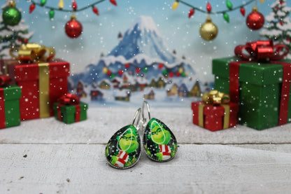 Grinch with Scarf French Lever Earrings | Handmade Holiday Jewelry