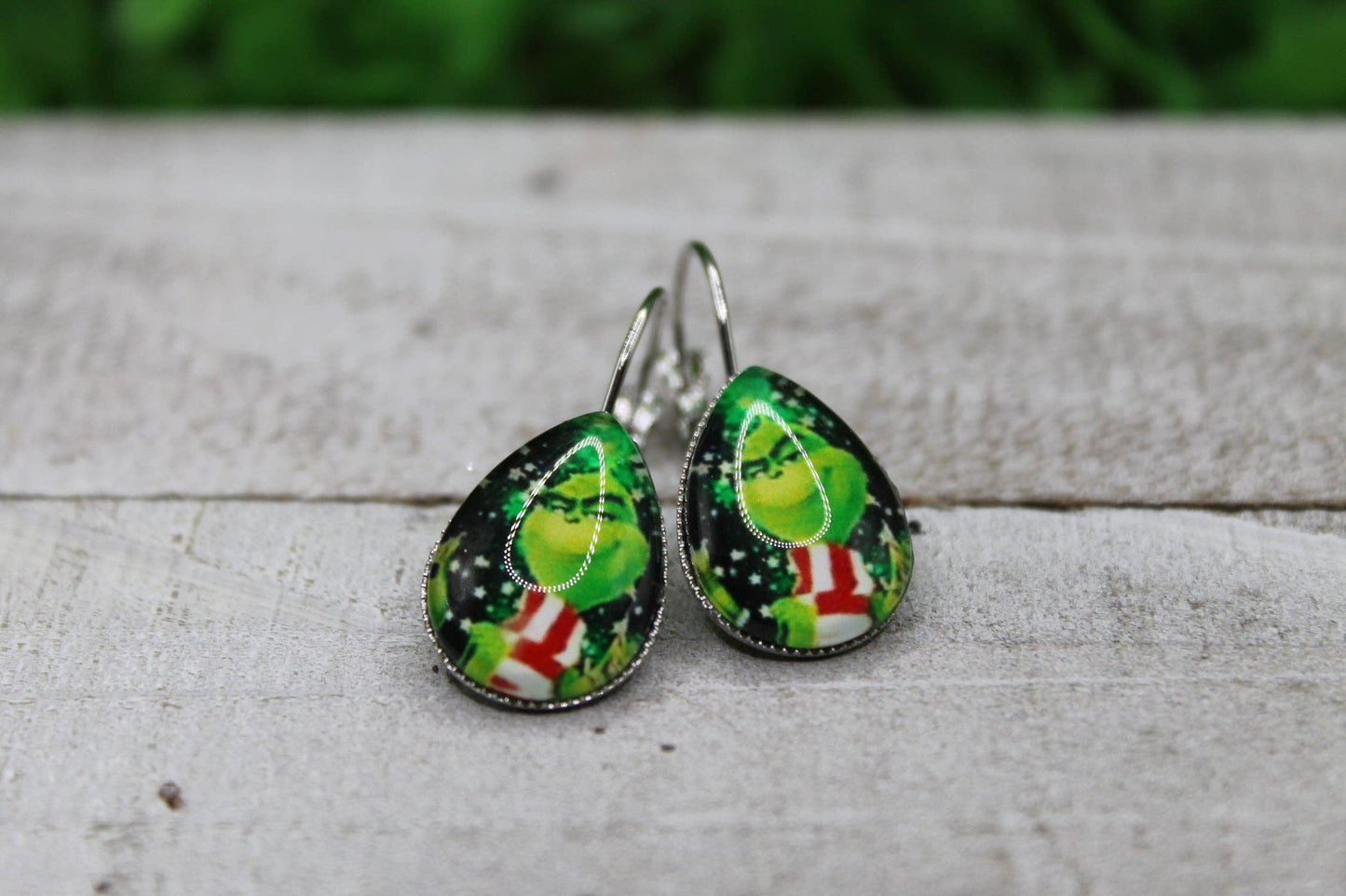 Grinch with Scarf French Lever Earrings | Handmade Holiday Jewelry