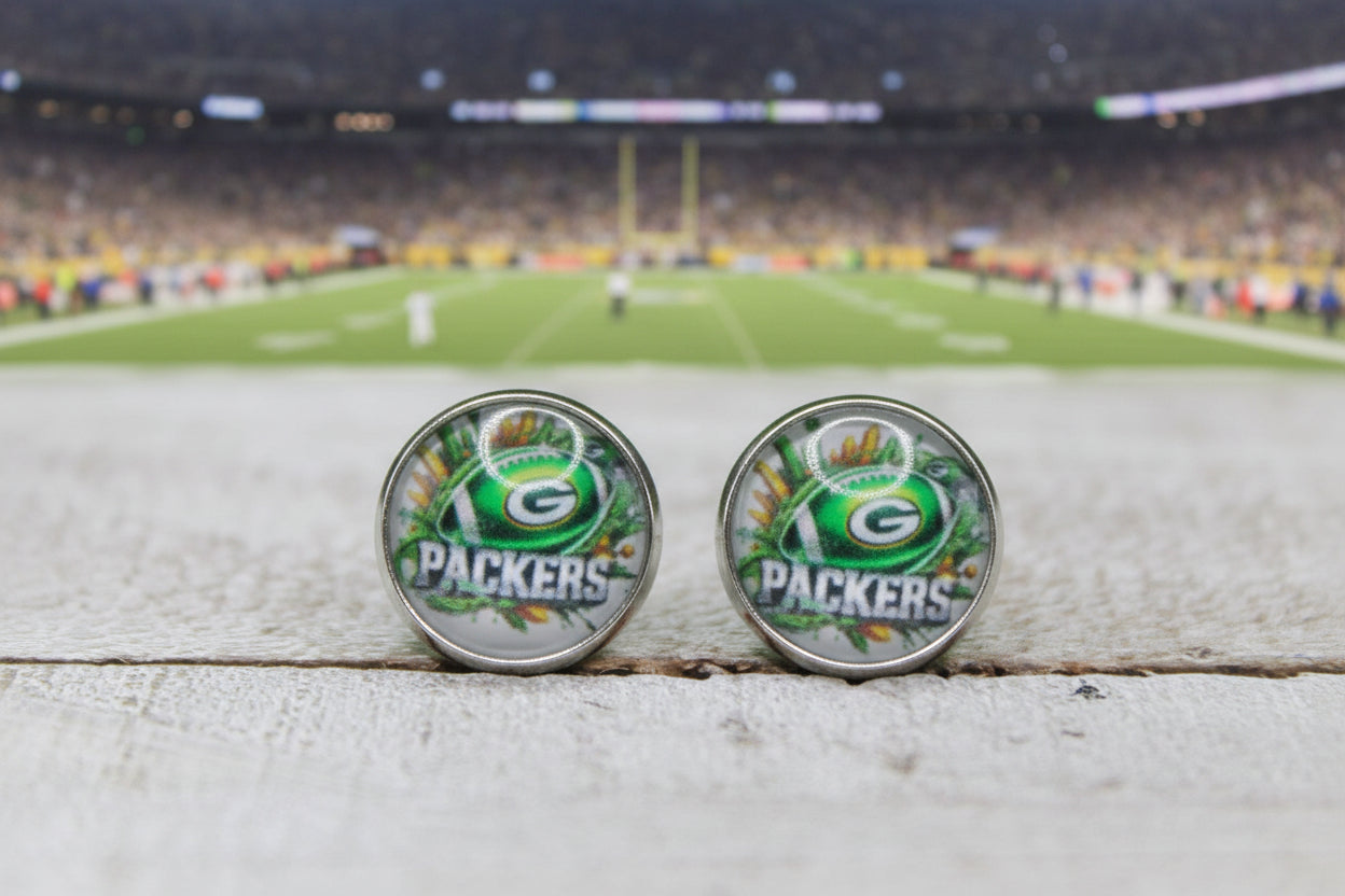 Packers Football Splatter Glass Stud Earrings | 12mm Handmade Fan Jewelry