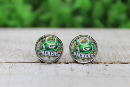Packers Football Splatter Glass Stud Earrings | 12mm Handmade Fan Jewelry