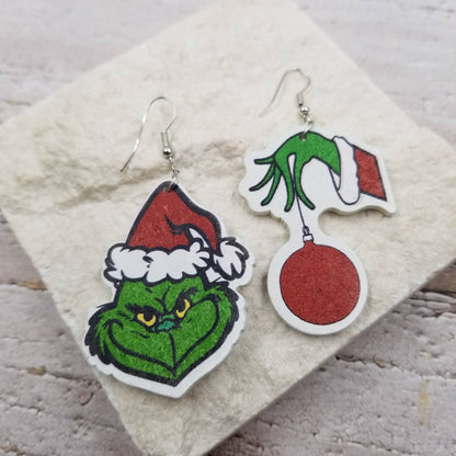 Grinch Christmas Asymmetrical Wood Earrings | Fun Holiday Statement Earrings