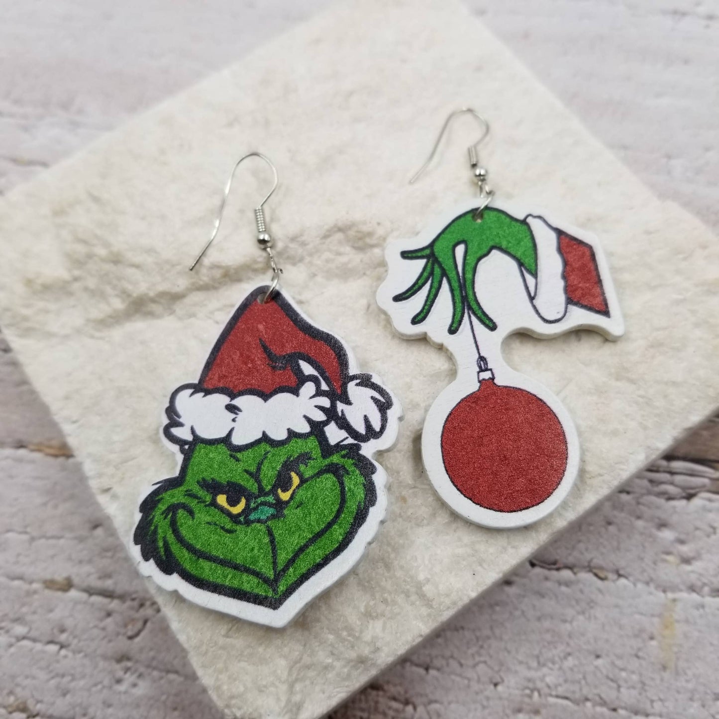 Grinch Christmas Asymmetrical Wood Earrings | Fun Holiday Statement Earrings