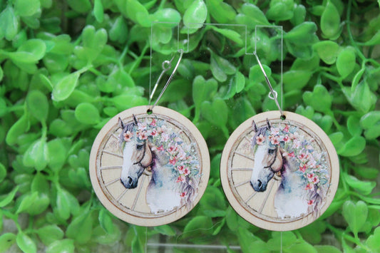 🐎🌸 Floral Horse Dangle Earrings – Handcrafted Wooden Jewelry