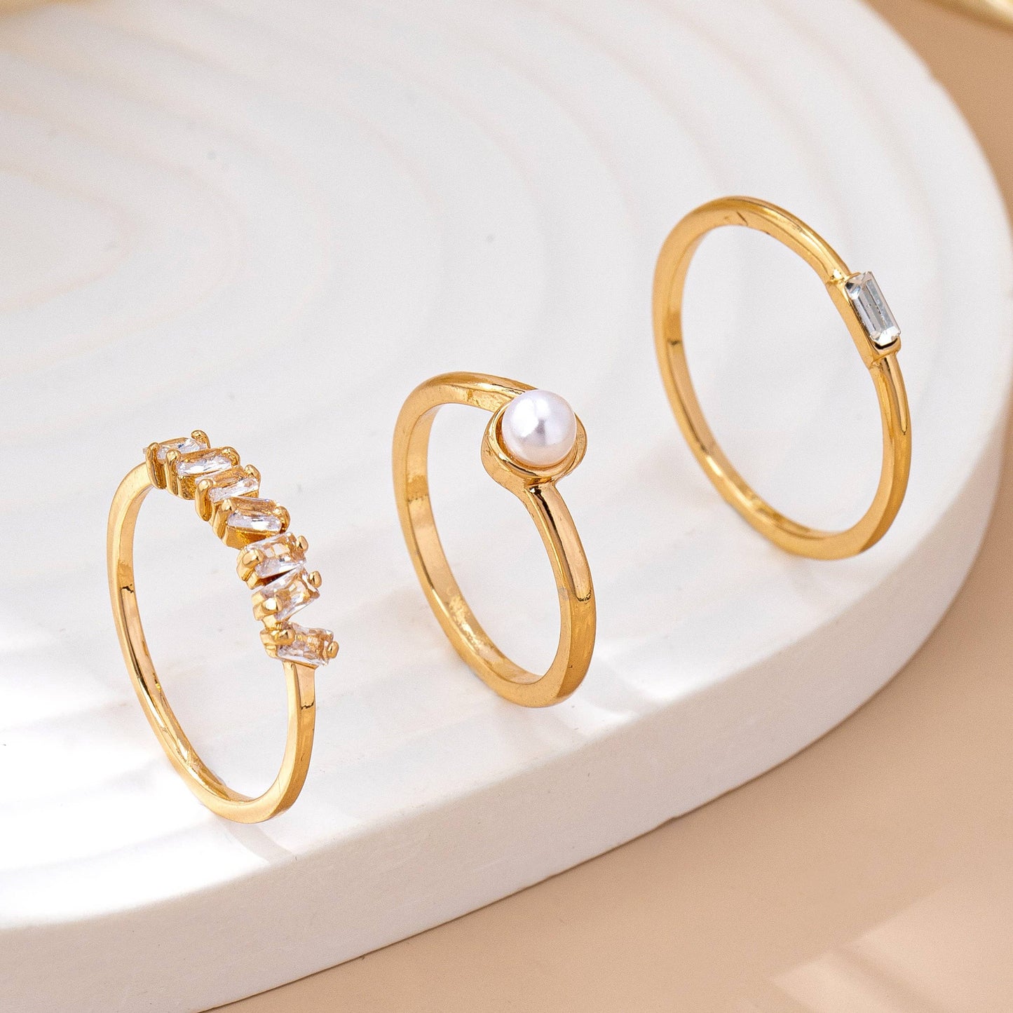 JOSSLYN by wall to wall - Pearl & Crystal Delicate Gold Ring Trio | 80R159: Gold