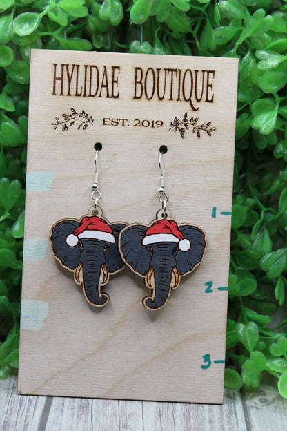 Festive Elephant Earrings – Handcrafted Wooden Christmas Jewelry