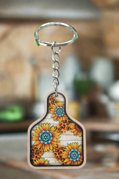 🌻 Turquoise Sunflower Cow Tag Wooden Keychain