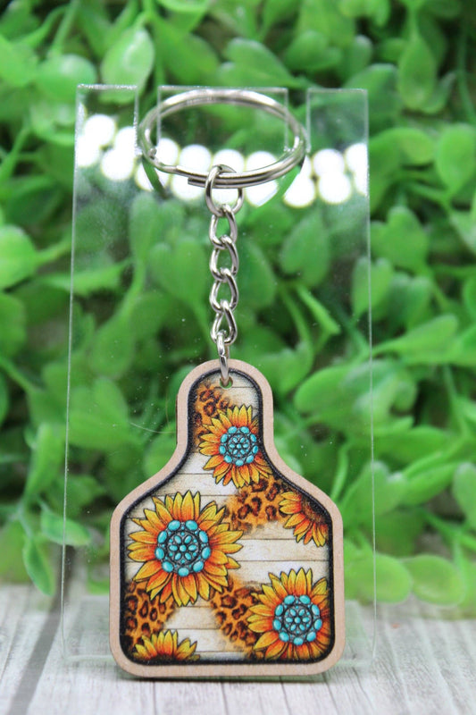 🌻 Turquoise Sunflower Cow Tag Wooden Keychain