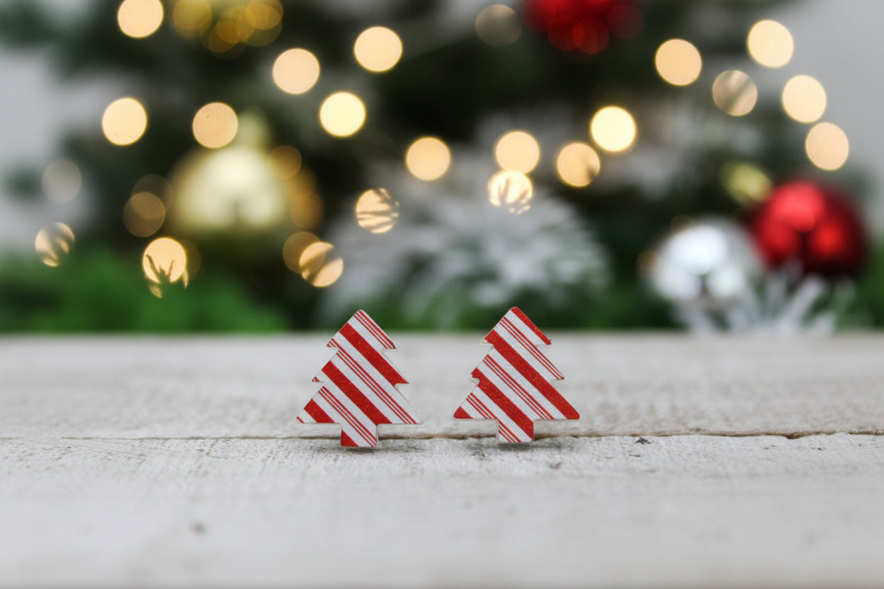 Candy Cane Striped Christmas Tree Stud Earrings | Handmade Holiday Jewelry