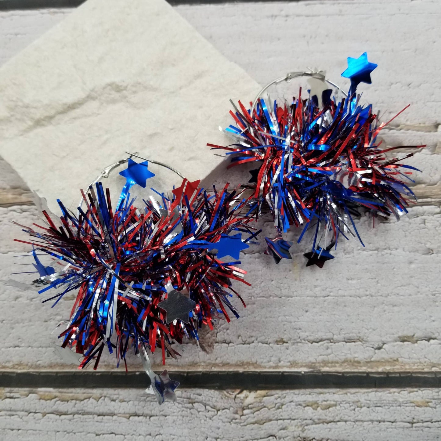 4th of July Patriotic Tinsel Star Hoop Earrings