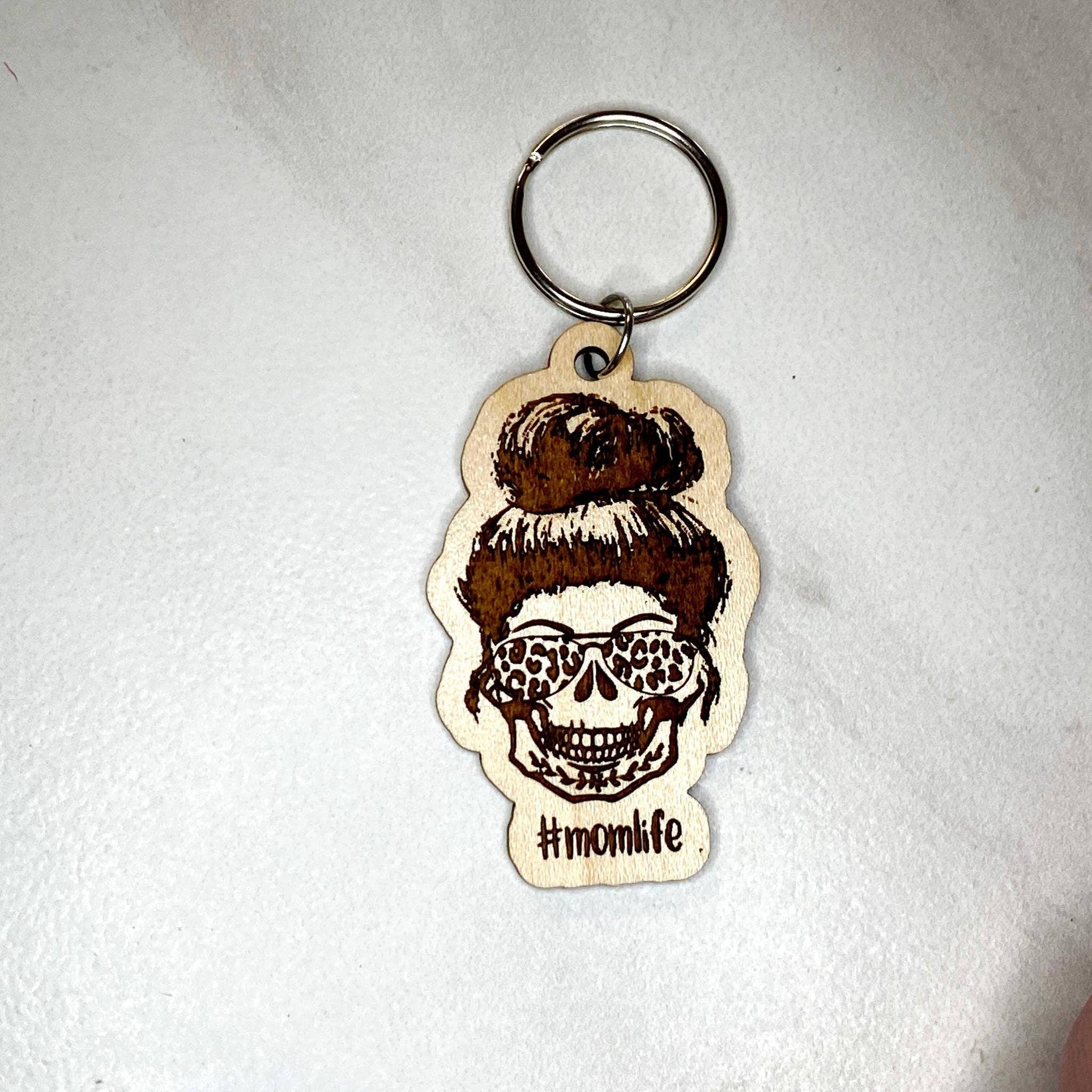 Skull Mom Key chain; laser engraved maple wood; #momlifePink tiful of LOVE