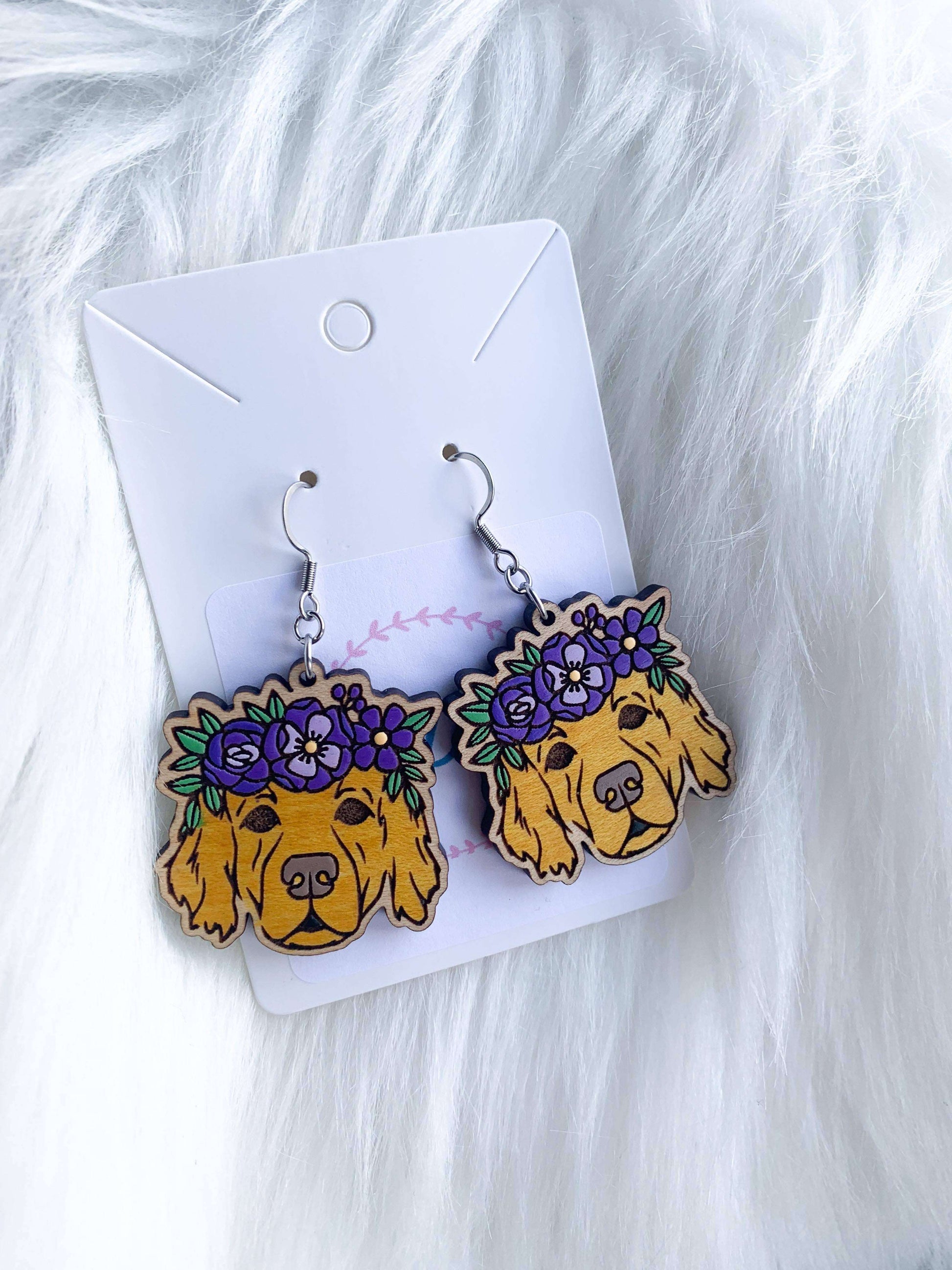 Golden Retriever with Flower Crown Wooden Wire EarringsPink tiful of LOVE