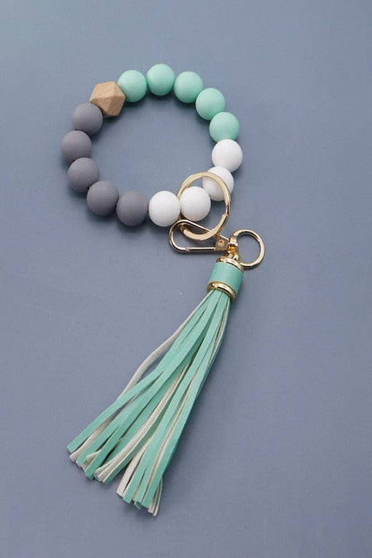 Mint & Grey Beaded Wristlet Keychain with Tassel