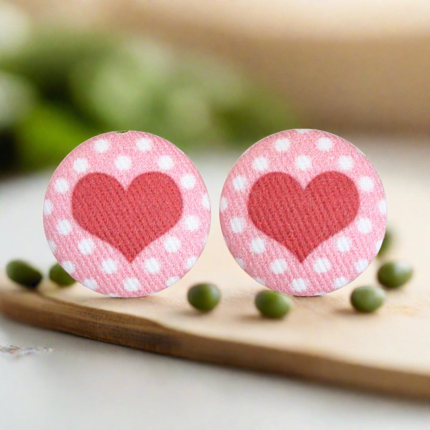Polka Dot Heart Fabric button Stud Earrings