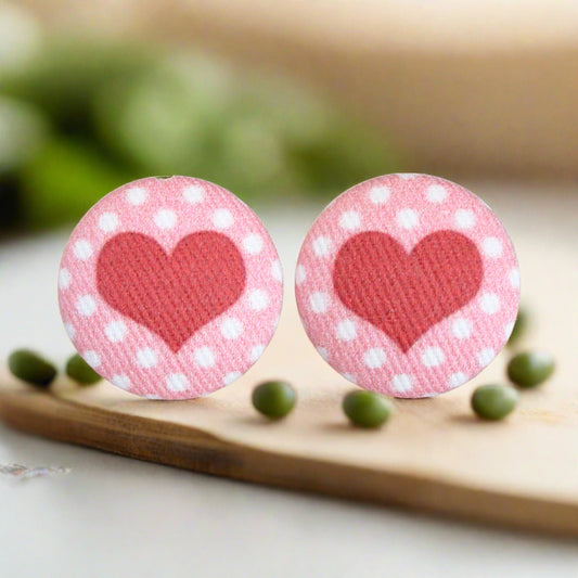 Polka Dot Heart Fabric button Stud EarringsPink tiful of LOVE