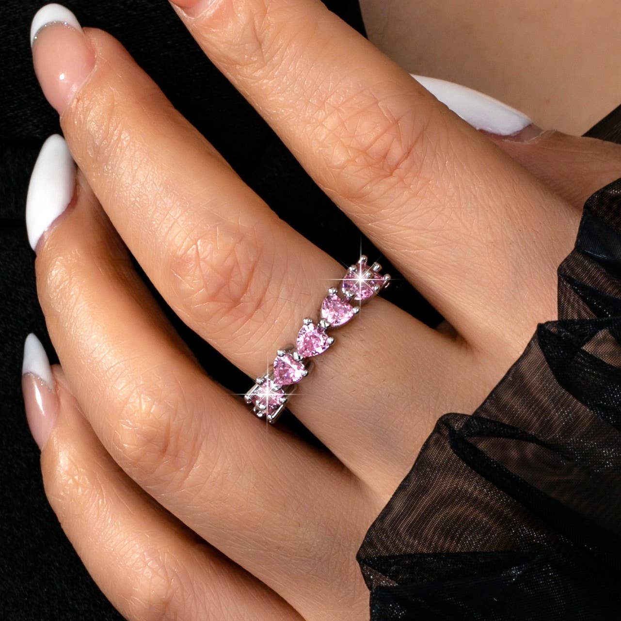 JOSSLYN by wall to wall - Pink Heart Eternity Band Ring | 80R219: Silver