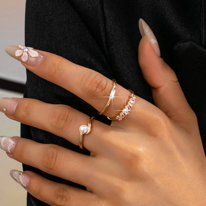 JOSSLYN by wall to wall - Pearl & Crystal Delicate Gold Ring Trio | 80R159: Gold