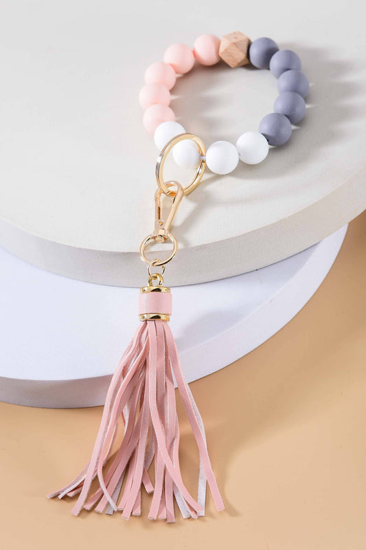 Peach, white & Grey Beaded Wristlet keychain with Tassel