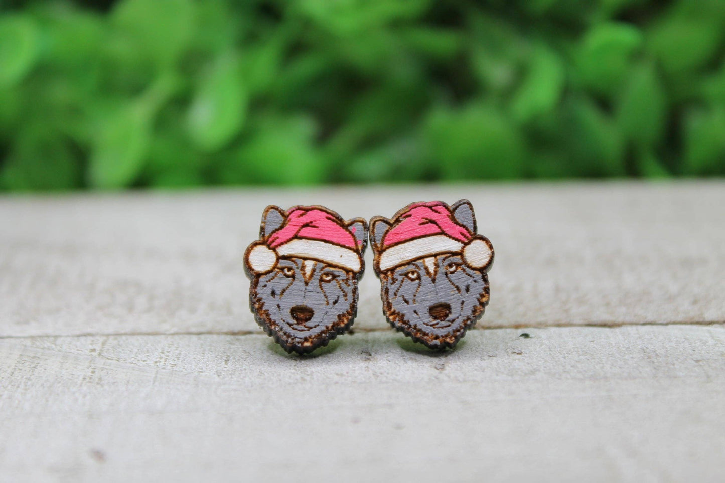 Santa Hat Wolf Stud Earrings | Handmade Wooden Holiday Jewelry