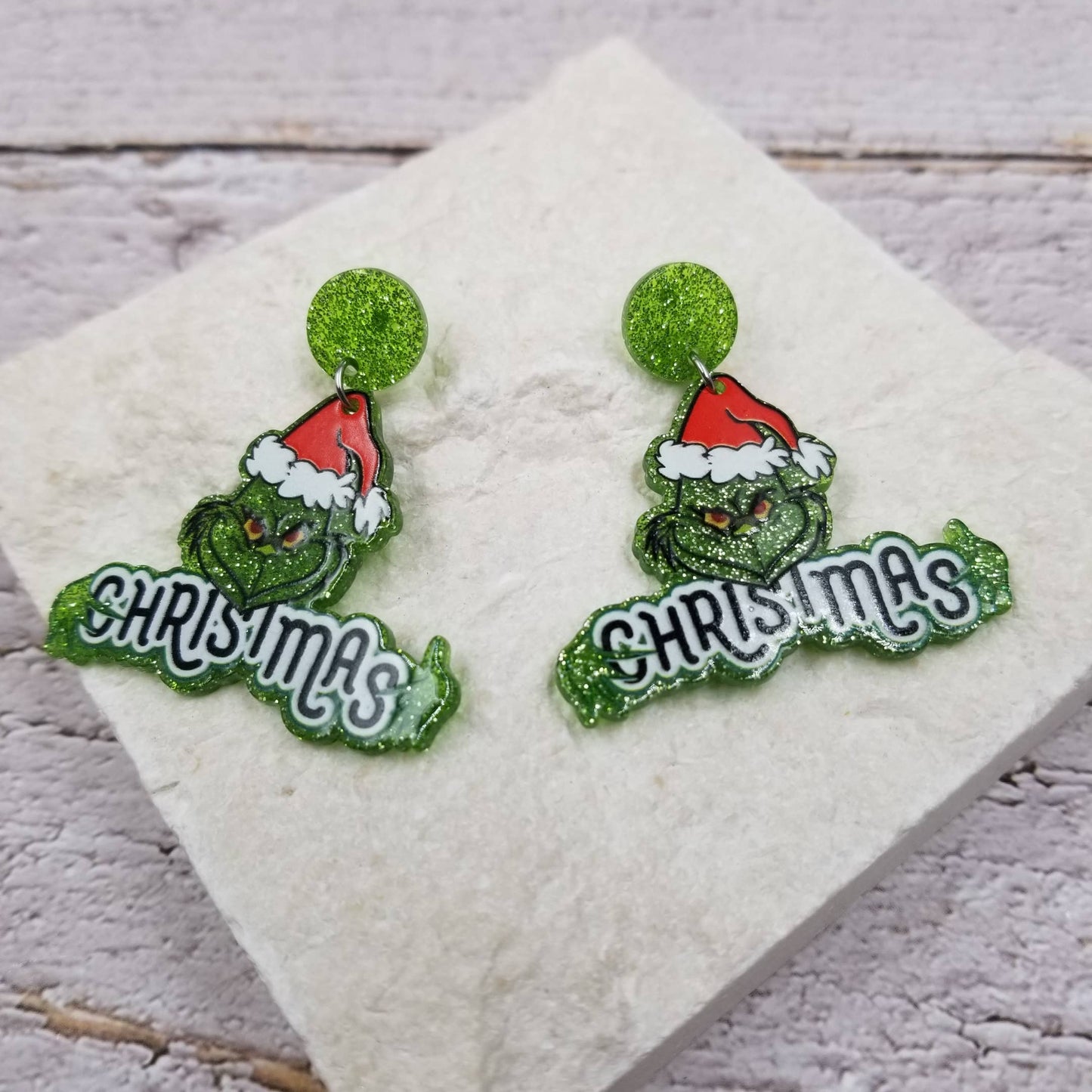 Grinch Christmas Acrylic Earrings | Festive Holiday Statement Dangle Earrings