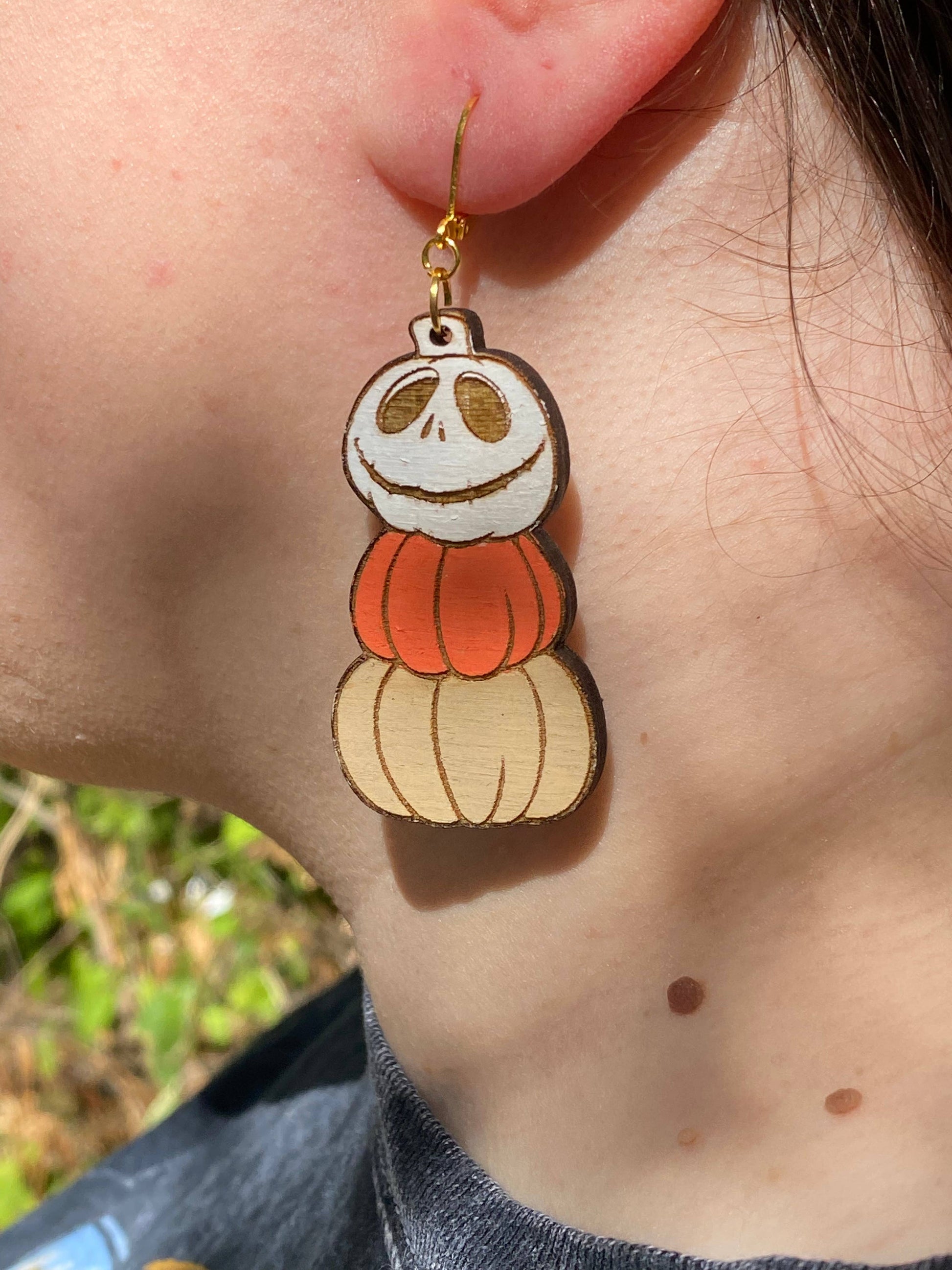 Moon Child Trinkets - Jack Skellington Stacked Pumpkin Wood Dangle EarringsMoon Child Trinkets