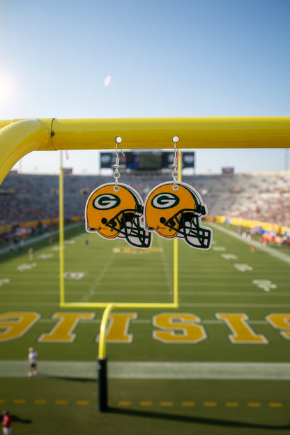 Green Bay Football Helmet Earrings – Game-Day Acrylic &amp; Stainless Steel Fan Jewelry