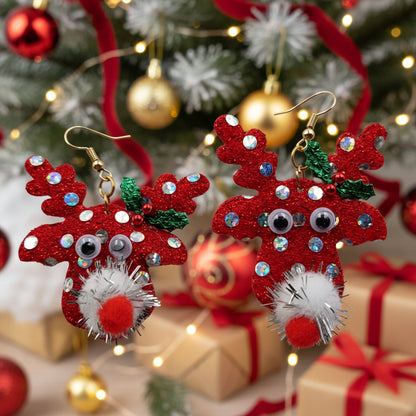 Sparkle Reindeer Pom Pom Christmas Earrings – Handmade Holiday Glitter Joy