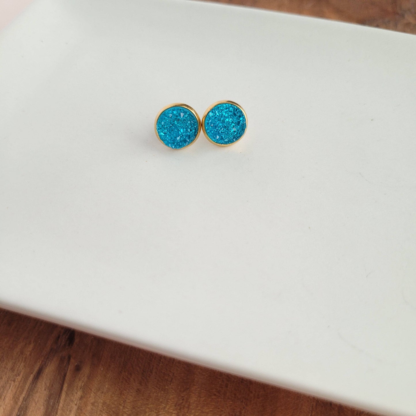 Aqua Blue Geode Druzy Stud Earrings