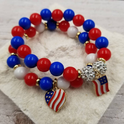4th of July Patriotic Heart Stretch Bracelet – Red White &Blue Acrylic Beads