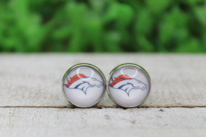 Denver Broncos Football Glass Stud Earrings | 12mm Handmade Fan Jewelry