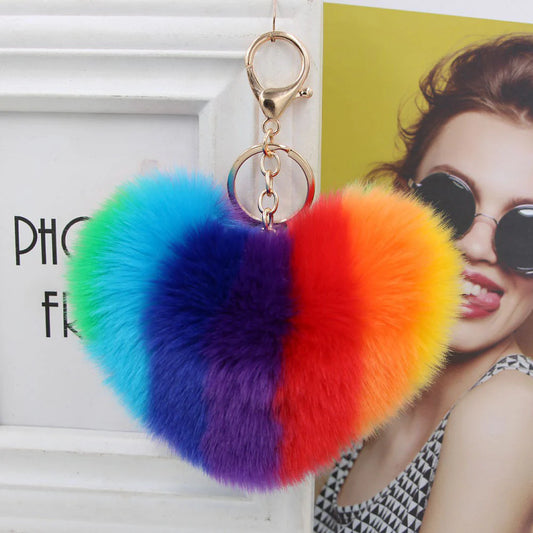 Rainbow Heart Imitation Rabbit Fur Key Chain