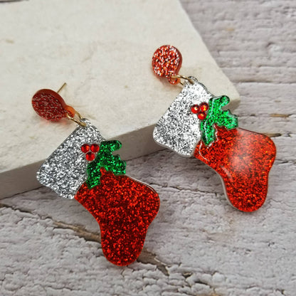 Christmas Boots Acrylic Dangle Earrings | Festive Holiday Stocking Earrings