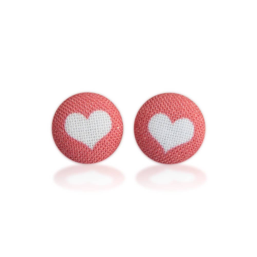 Red and White Heart Fabric (small) button Stud Earrings