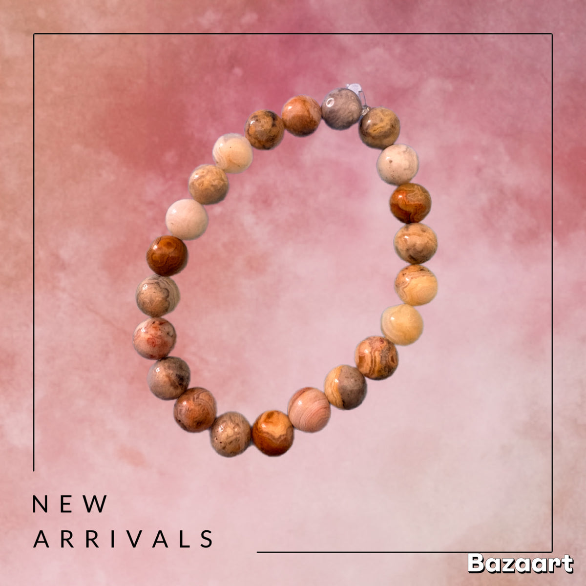 Earth Tone Agate Round Beaded Stretch Bracelet — Warm Swirl, 8mm Glossy Beads, 7"