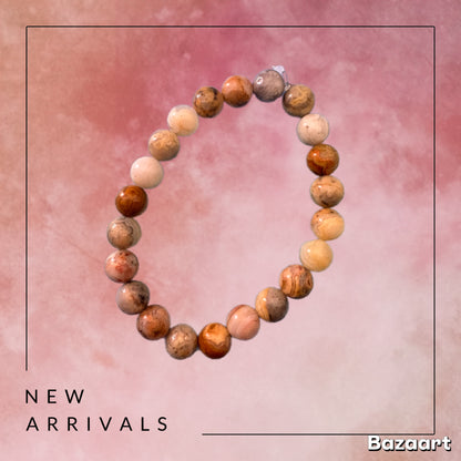 Earth Tone Agate Round Beaded Stretch Bracelet — Warm Swirl, 8mm Glossy Beads, 7"