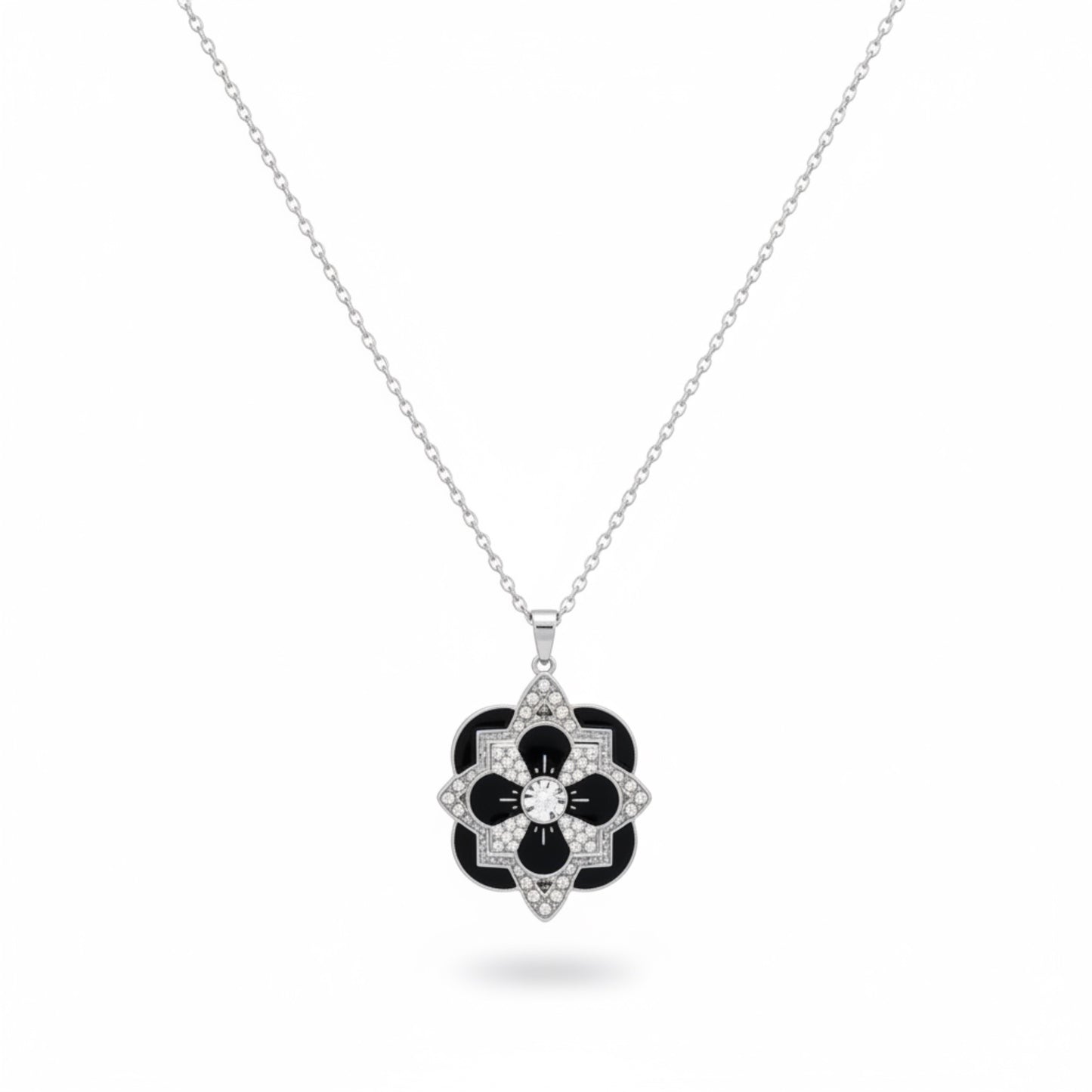 Black Enamel Rhinestone Flower Pendant Necklace