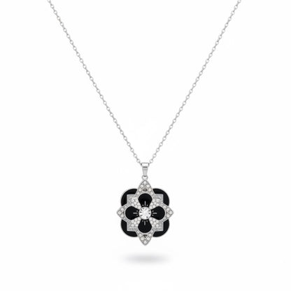 Black Enamel Rhinestone Flower Pendant Necklace