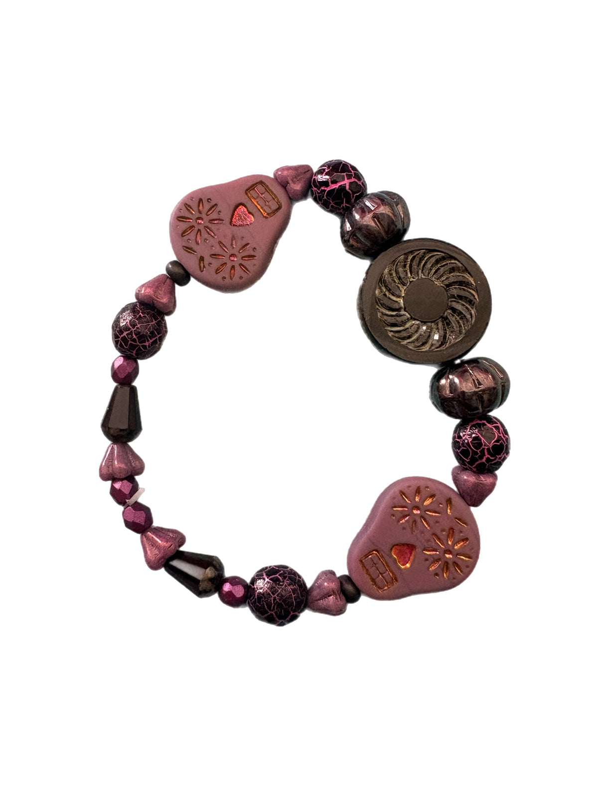 Purple Days of the Dead Czech Glass Beaded Stretch Bracelet — Sugar Skull, 7"