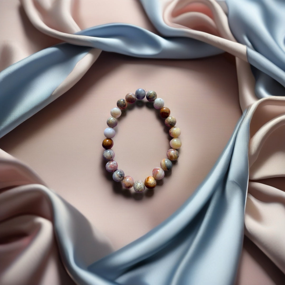 Earth Tone Agate Round Beaded Stretch Bracelet — Warm Swirl, 8mm Glossy Beads, 7"