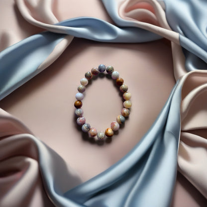 Earth Tone Agate Round Beaded Stretch Bracelet — Warm Swirl, 8mm Glossy Beads, 7"