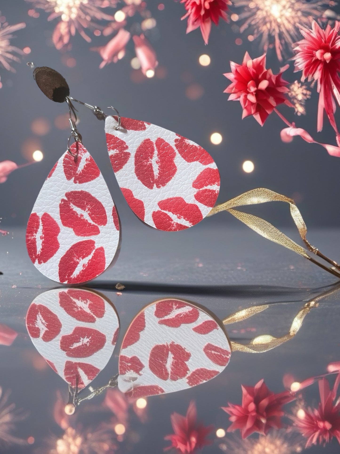 Valentine Heart Teardrop Earrings – Faux Leather Kiss Print Earrings