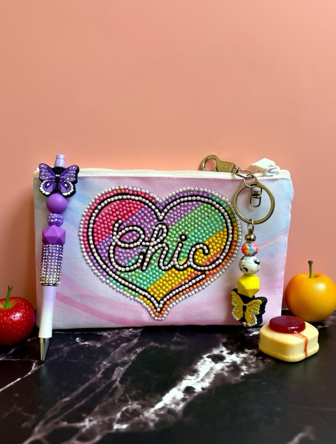 Chic Bundle – Diamond Art Zip Pouch, Butterfly Keychain &amp; Purple Bling Pen