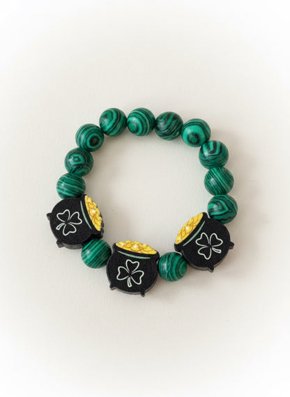 St. Patrick’s Day Pot of Gold Stretch Bracelet -Reconstituted Malachite Beads